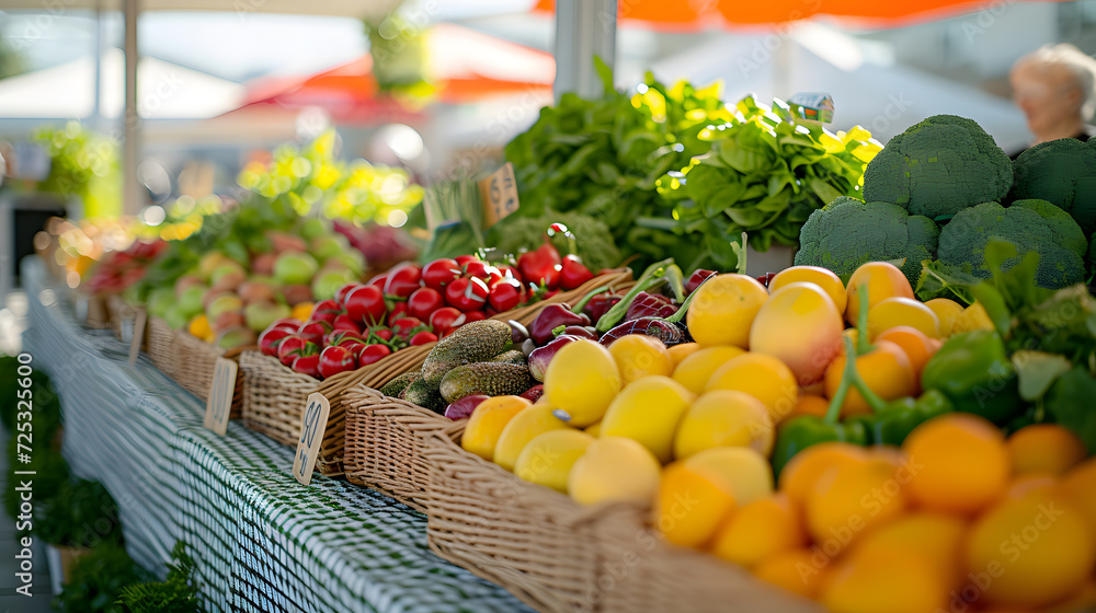 A vibrant farmer's market, with stalls of fresh produce as the background, during a sunny summer market day A vibrant farmer's market, with stalls of fresh produce as the background, during a sunny summer market day