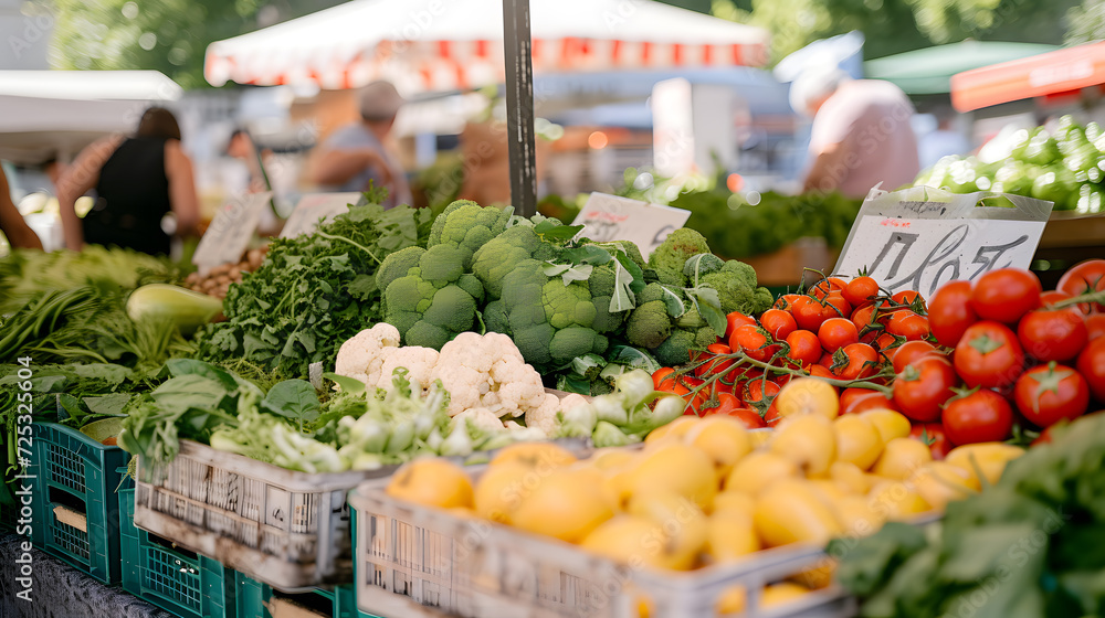 A vibrant farmer's market, with stalls of fresh produce as the background, during a sunny summer market day