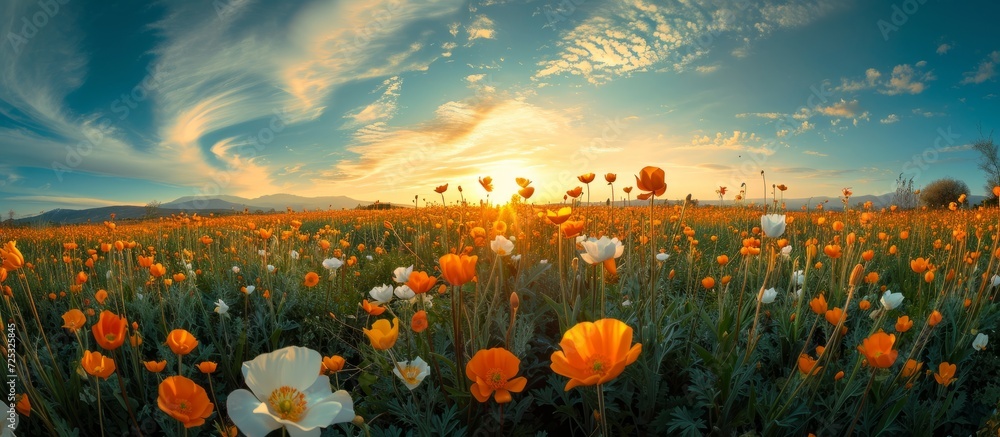 Photographed by a Fish eye lens, an enchanting field of orange and white buttercups during sunset.