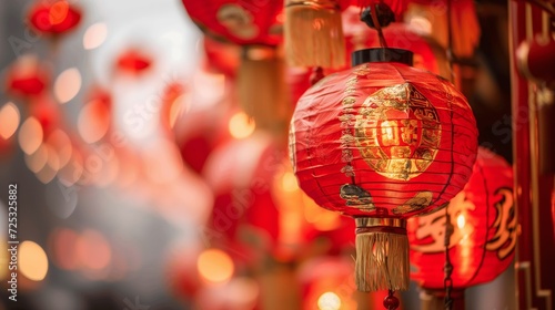Close-Up of Chinese Red Lanterns with Golden Characters During New Year Celebrations