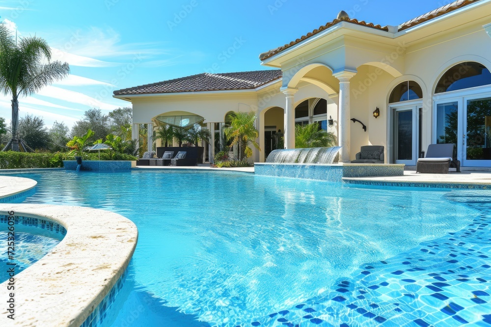 Beautiful Home Exterior and Large Swimming Pool on Sunny Day with Blue Sky | Features Series of Water Jets Forming Arches