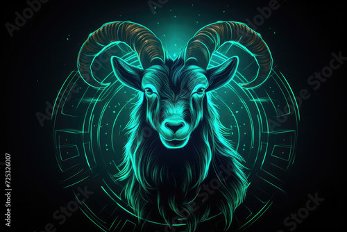  Capricorn sign in cool teal neon, a goat's horned silhouette on a mysterious dark background