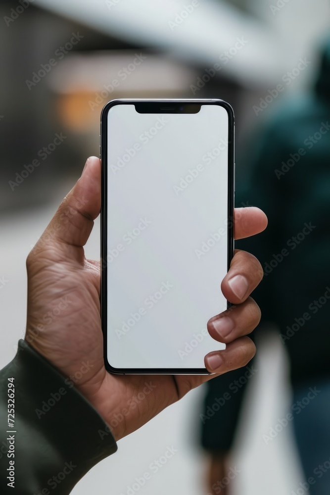 Mockup image of male hand holding black smartphone with blank white screen on blurred background.