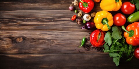 Vegetarian cooking ingredients: tomatoes, butter, herbs, colorful peppers on rustic wooden background with text space.