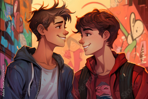 
Illustration of two 18-year-old European boys, exchanging shy smiles while leaning on a colorful graffiti wall teenage first crush
