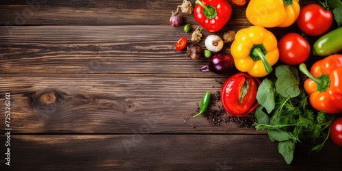 Vegetarian cooking ingredients: tomatoes, butter, herbs, colorful peppers on rustic wooden background with text space.