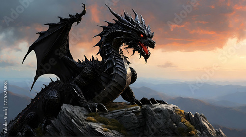 A formidable and menacing black dragon on a mountain, roaring with power and dominance.Generative AI 