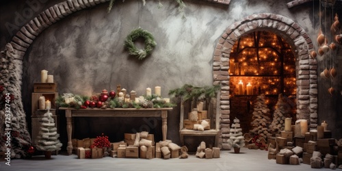 Rustic-style Christmas interior with handmade festive decorations for a cozy home. © Vusal