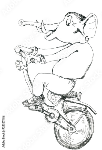Funny elephant on a bicycle with one wheel. ink drawing.
