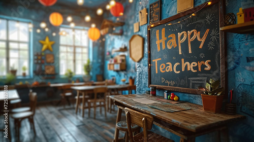 Blackboard in classroom with 'Happy Teachers Day' written. Celebrate educators with this heartfelt message.