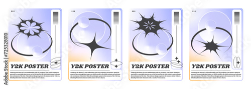 Y2k aesthetic banners set with abstract black signs on yellow and blue gradient background. Vector illustration of retrowave style posters, retro futuristic design elements and text, flyer templates