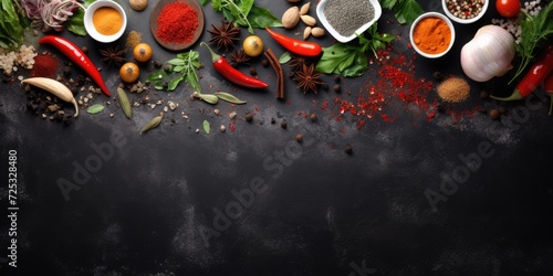 Text-free cooking table with spices, vegetables, and top view.