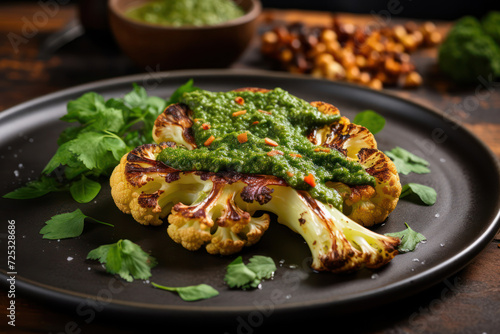 Vegan cauliflower steak, grilled and seasoned, with a side of chimichurri sauce, on a modern plate, with a rustic backdrop
