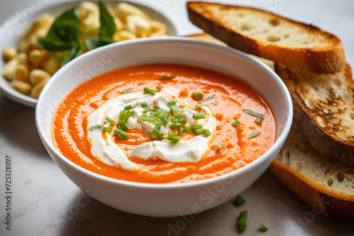 Vegan roasted red pepper and tomato hot soup, in a white bowl, with a swirl of cashew cream and a side of garlic toast
