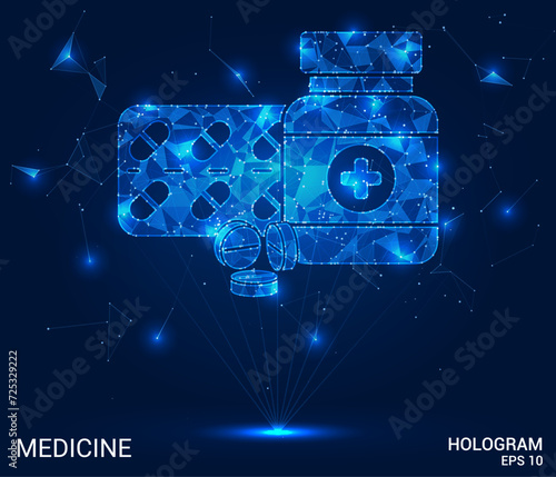 Hologram medicines. Pills, tablets, made of polygons, triangles of dots and lines. Medicines are a low-poly compound structure. Technology concept vector.
