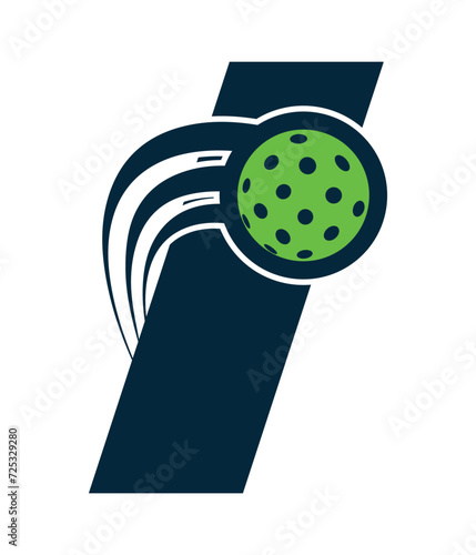 A beautiful flying pickleball logo vector over the letter I. You can use it as club logo, banner design etc.