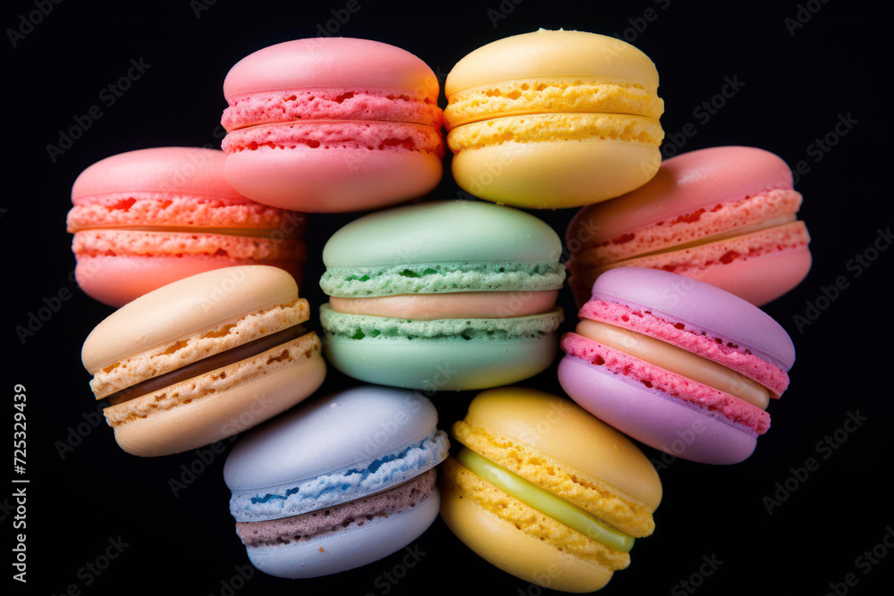 Fototapeta premium Photo of colorful macarons arranged in a circular pattern, with pastel shades, on a dark background