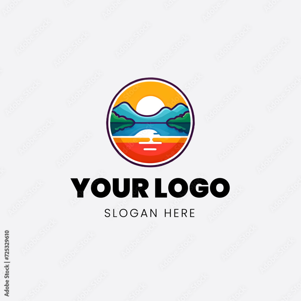 Flat logo icon mountain lake sunrise