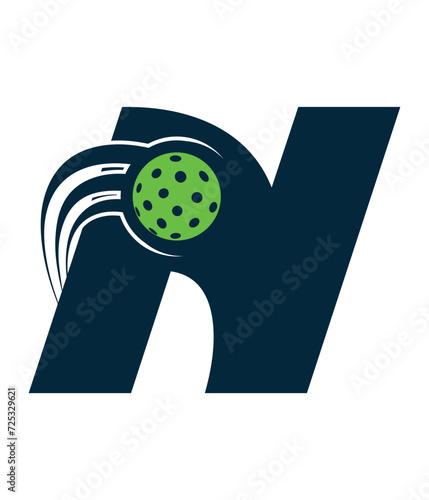 A beautiful flying pickleball logo vector over the letter N. You can use it as club logo, banner design etc.