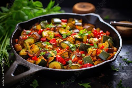 Vegan ratatouille, made with zucchini, eggplant, and bell peppers, in a cast iron skillet, with a wooden spoon