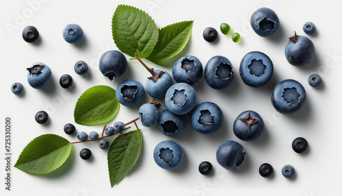 A Fresh blueberries are isolated on white background decorated with leaves and branch