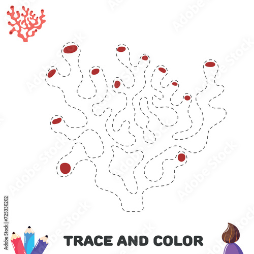 Trace and color coral. Handwriting practice. Educational worksheet for kids