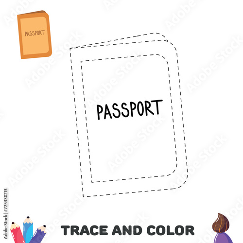 Handwriting practice. Trace and color page with pasport. Educational sheet for kids