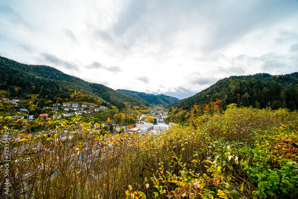 View of the town of Hornberg in the Black Forest. City in Baden-Württemberg with the surrounding green nature with forests and mountains.
