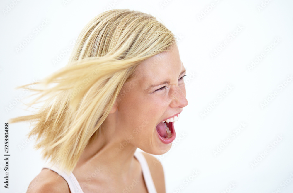 Angry, frustrated and profile of screaming woman with stress isolated on a white studio background mockup space. Face, shouting and blonde person yelling loud, depression expression or girl in crisis Angry, frustrated and profile of screaming woman with stress isolated on a white studio background mockup space. Face, shouting and blonde person yelling loud, depression expression or girl in crisis