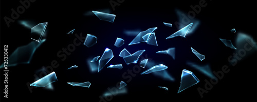 Broken and exploded glass surface flying in bunch of sharp pieces of broken blue crystal or mirror. Realistic vector illustration of transparent crashed beaten shatter and shard ice fragment. photo