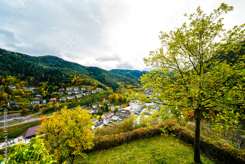 View of the town of Hornberg in the Black Forest. City in Baden-Württemberg with the surrounding green nature with forests and mountains. 