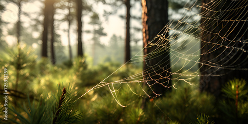 spider web in the morning, Spider Web Is Sitting On A Tree Stump, Beautiful spider web with shades of green nature blurred bokeh background, Glowing Spiders, Generative AI