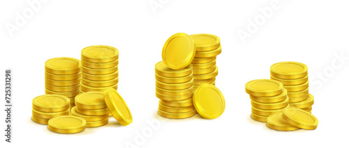 Gold coin stack with different sizes of cash money pile in realistic 3d vector illustration set. Glossy simple golden currency heap - financial wealth, profit and deposit concept. Game treasure icon.