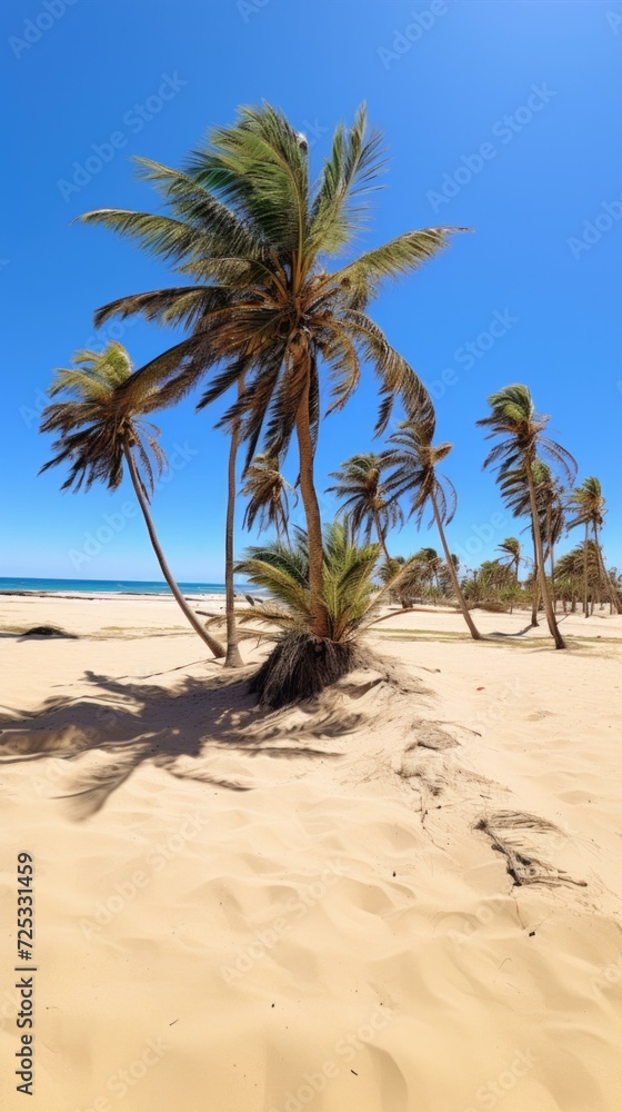 Palm trees on the beach in the sand. Generative AI. Palm trees on the beach in the sand. Generative AI.