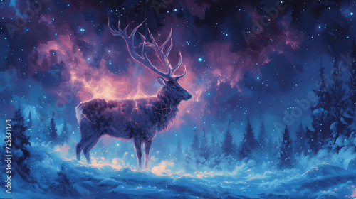Multichromatic synthwave painting of amagnificent stag over afrozen northern landscape its body is  Generative AI