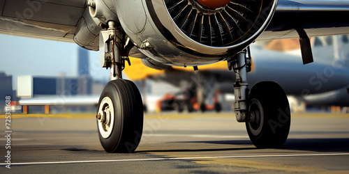 engine of airplane, Nose Landing Gear, Airplane Landing Tire,  Generative AI