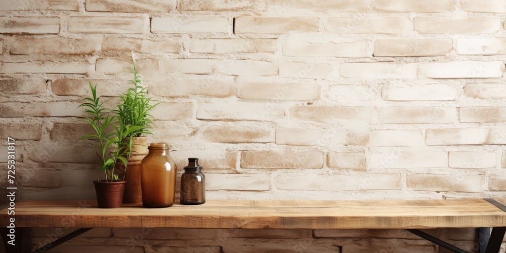 Minimalist product showcase on rustic wooden table with vintage brick wall backdrop.