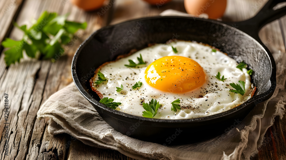 Tasty sunny side up egg on the pan, ready to serve for breakfast, view from above. copy space concept. Tasty sunny side up egg on the pan, ready to serve for breakfast, view from above. copy space concept.