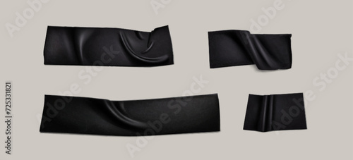 Realistic vector black adhesive duct tape pieces with crumpled effect. Collection of torn ripped plastic sticky strip patch for repair and masking. mockup set of glued cut wrinkled plaster or scotch.