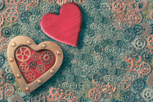 Two steampunk decorated hearts on a background of gears. Valentine's Day concept in steampunk style