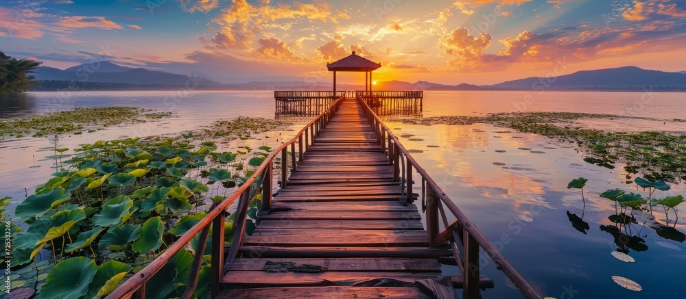 The lotus ponds, a wooden bridge leading to success, extend into the sea at sunset. - obrazy, fototapety, plakaty 