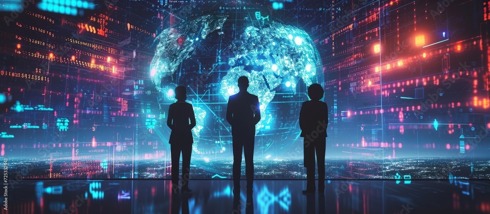 Corporate individuals in formal attire observe virtual global hologram through digital interface, illustrating worldwide internet communication. - obrazy, fototapety, plakaty 