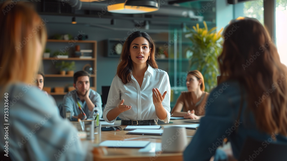 manager or business woman presentation with team in office manager or business woman presentation with team in office
