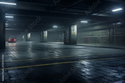Underground parking lot at night with lights and reflections on the ground