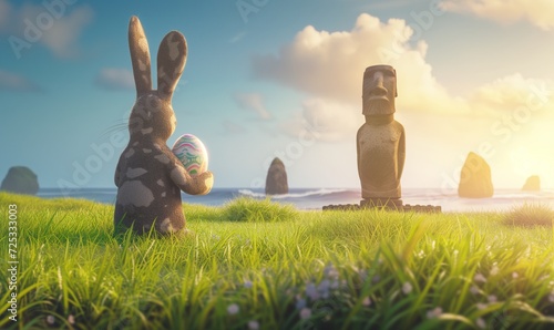 Happy Easter Bunny! Stone Rabbit holding an Easter egg on Easter Island - Rapa Nui with Moai statues and Ocean in the background photo