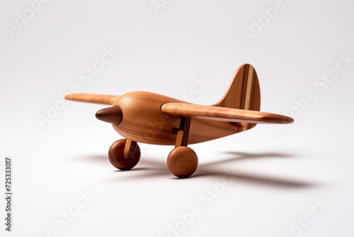 Vintage Wooden Toy Biplane Flying in the Blue Sky, a Playful Transportation Object for Children's Handmade Fun and Imaginative Adventures