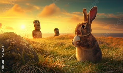 Happy Easter rabbit! A Bunny holding Easter egg on Easter Island - Rapa Nui against the background of Moai statues photo