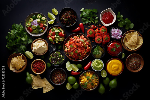 Nachos, guacamole and salsa with ingredients on black background