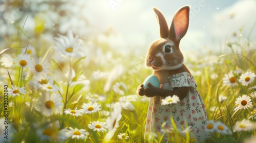 A cute rabbit in a vintage dress is holding an Easter egg in the middle of a daisy field in spring