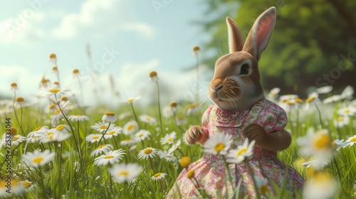 A cute rabbit in a vintage dress in the middle of a daisy field in spring